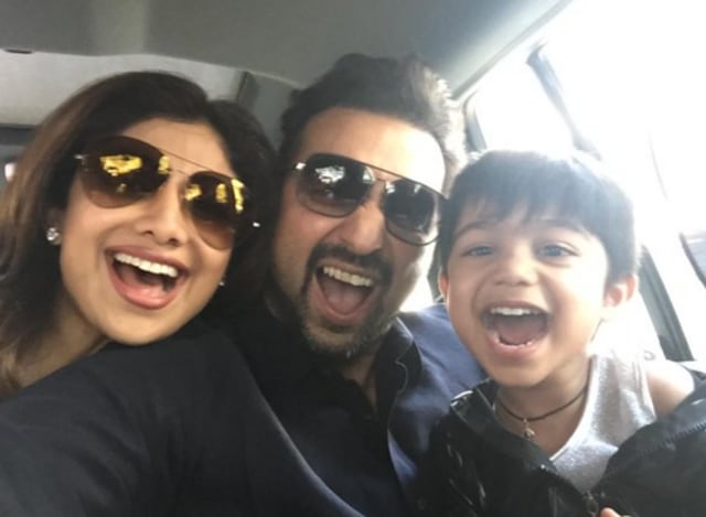 Shilpa Shetty with husband Raj and son Viaan Raj. (Twitter)
