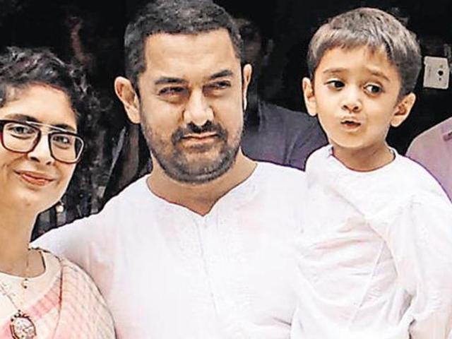 Aamir and wife Kiran with son Azad Rao. (HT Photo)