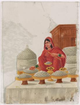 Seated female salt merchant in red sari (New York Public Library Digital Collections )