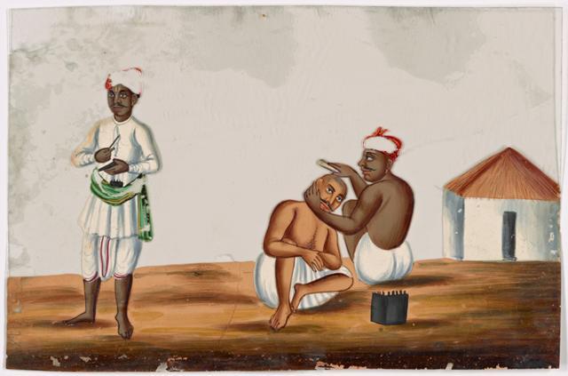 Barber shaving a man’s head bald, one onlooker, white building in the background (New York Public Library Digital Collections )