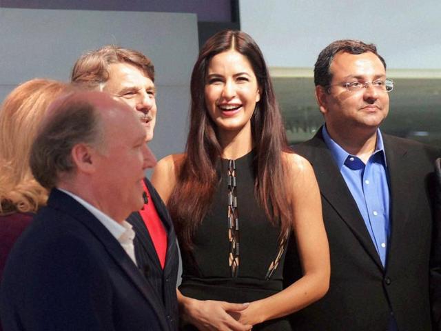 Actress Katrina Kaif and Tata Group chairman Cyrus Mistry at the launch of the new model of Jaguar Land Rover. (PTI)