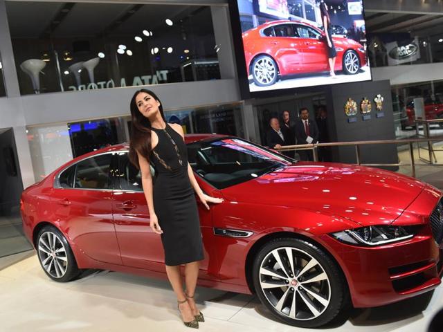 Actor Katrina Kaif with Jaguar’s compact sedan ‘XE’ at the 2016 Auto Expo in Greater Noida, India, on Wednesday. (Ravi Choudhary/HT)