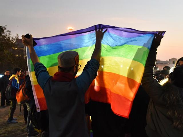 Gay rights activists in celebration mood after Supreme Court agreed to review a decision which criminalises gay sex at Palika Parking Park in New Delhi(Hindustan Times)