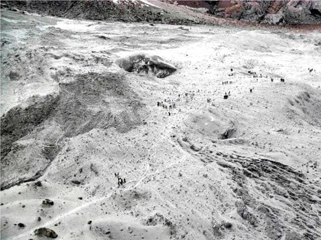 File photo shows an aerial view of the Siachen Glacier, which traverses the Himalayan region dividing India and Pakistan. (AP File Photo) File photo shows an aerial view of the Siachen Glacier, which traverses the Himalayan region dividing India and Pakistan. (AP File Photo)