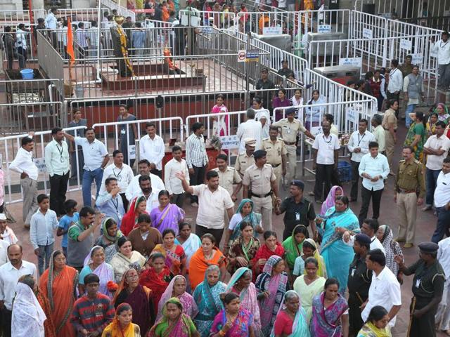 Supporters of Shani Shingnapur gathered at the temple to support the religious shrine’s trust, at Ahmednagar. (PTI Photo) Supporters of Shani Shingnapur gathered at the temple to support the religious shrine’s trust, at Ahmednagar. (PTI Photo)