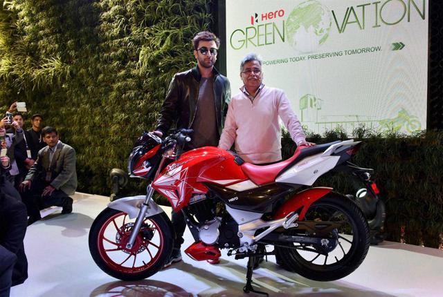 Actor Ranbir Kapoor with Pawan Munjal, chairman, MD & CEO, Hero MotoCorp at the launch of Hero's new motorcycle at Auto Expo 2016. (PTI) Actor Ranbir Kapoor with Pawan Munjal, chairman, MD & CEO, Hero MotoCorp at the launch of Hero's new motorcycle at Auto Expo 2016. (PTI)