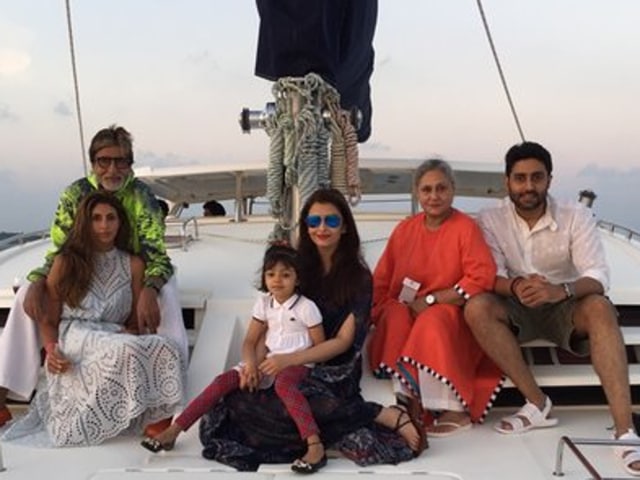 Abhishek Bachchan ringed in his birthday in maldives with wife Aishwarya Rai, daughter Aaradhya, dad Amitabh Bachchan, mom Jaya Bachchan and sister Shweta Nanda. (Twitter) 