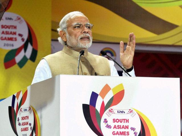 Prime Minister Narendra Modi addresses a gathering at the opening ceremony of the 12th South Asian Games in Guwahati on Friday.(PTI)