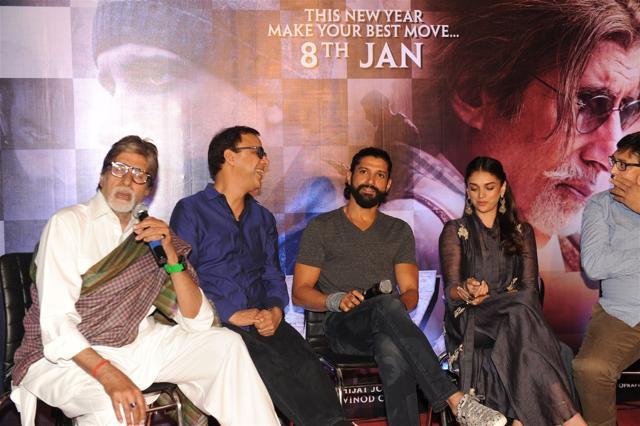 The team of Wazir: Actor Amitabh Bachchan, filmmaker Vidhu Vinod Chopra, actors Farhan Akhtar and Aditi Rao Hydari. (IANS)