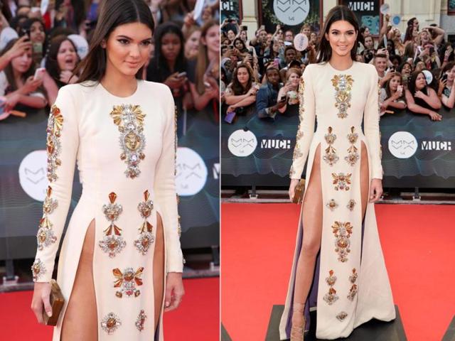 Kendall Jenner at the VMAs: And speaking of thigh splits, Kendall went for one of the highest on record in this Nicolas Jebran frock. Again, we have a lot of questions about underwear/dress strategics here. (Instagram/ Pinterest) Kendall Jenner at the VMAs: And speaking of thigh splits, Kendall went for one of the highest on record in this Nicolas Jebran frock. Again, we have a lot of questions about underwear/dress strategics here. (Instagram/ Pinterest)