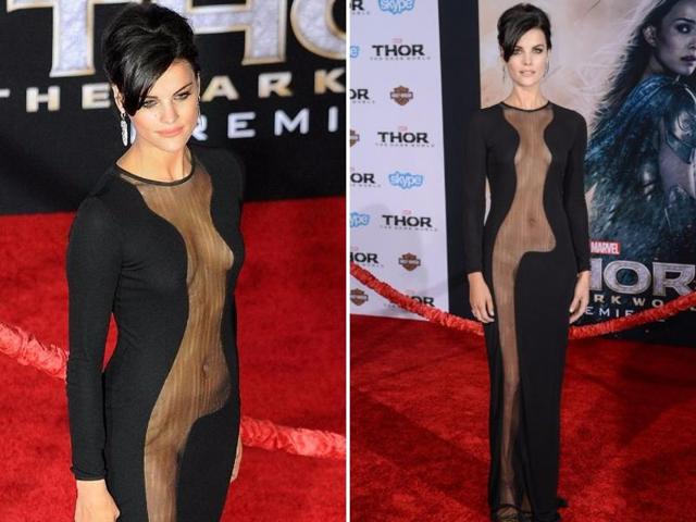 Jaimie Alexander at the Thor premiere: The actor braved a near-vertical sheer panel for the Thor premiere. Double-sided tape (we presume) was applied liberally. (Instagram/ Pinterest) Jaimie Alexander at the Thor premiere: The actor braved a near-vertical sheer panel for the Thor premiere. Double-sided tape (we presume) was applied liberally. (Instagram/ Pinterest)