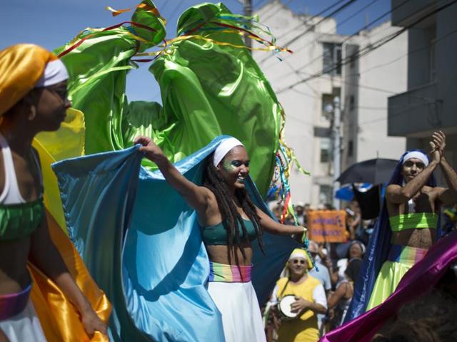 Revellers perform at the ‘Carmelitas’ block party during Carnival celebrations in Rio de Janeiro, Brazil. (AP) 