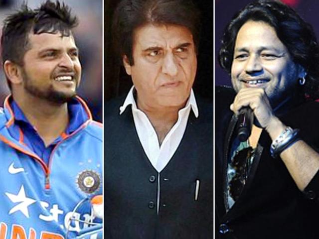 Combination picture of Suresh Raina, Raj Babbar and Kailash Kher. (Agencies) Combination picture of Suresh Raina, Raj Babbar and Kailash Kher. (Agencies)