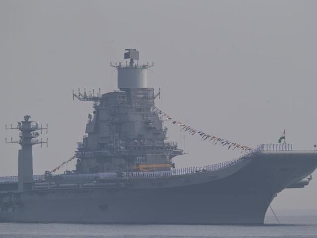 Indian aircraft carrier Vikramaditya is seen during the International Fleet Review in Vishakapatnam. (AP Photo)