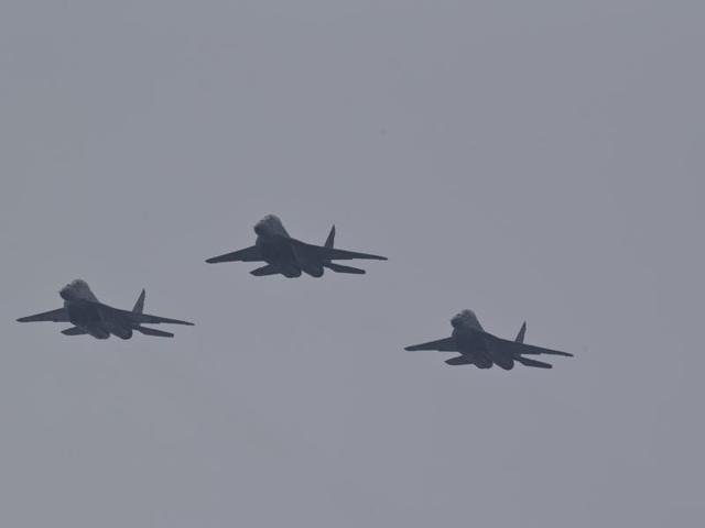 MiG-29K fighter jets fly past during the International Fleet Review in Vishakapatnam. (AP Photo)