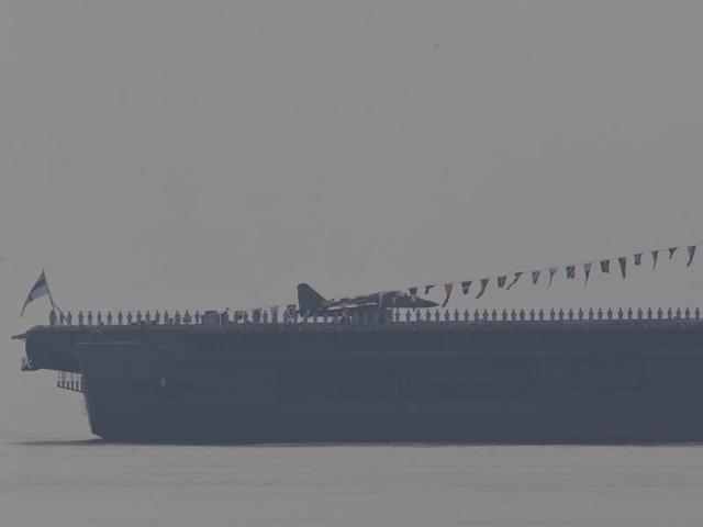 MiG-29K fighter jet on board aircraft carrier INS Vikramaditya, during the International Fleet Review in Vishakapatnam. (AP Photo)