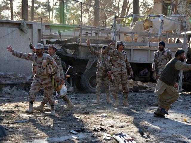 Pakistani paramilitary soldiers cordon off the site of a bomb explosion that targeted a security convoy in Quetta. (AFP Photo) Pakistani paramilitary soldiers cordon off the site of a bomb explosion that targeted a security convoy in Quetta. (AFP Photo)