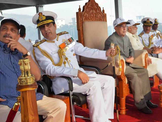 President Pranab Mukherjee, Prime Minister Narendra Modi, defence minister Manohar Parrikar and chief of naval staff Admiral R K Dhowan at the International Fleet Review and Flypast in Visakhapatnam. (PTI Photo)