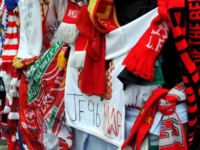 Scarves are placed outside Liverpool’s Anfield stadium for the 96 supporters who died in the 1989 Hillsborough disaster. (AFP File Photo) Scarves are placed outside Liverpool’s Anfield stadium for the 96 supporters who died in the 1989 Hillsborough disaster. (AFP File Photo)