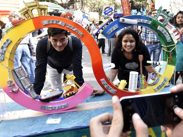 People enjoy at the Hindustan Times Kala Ghoda Arts Festival on Saturday at Kala Ghoda Square. (Kunal Patil/ HT Photos)