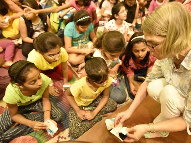 Oscar-winning animation artist from Canada Torill Kove interacts with children at the Animation 101 workshop during the Kala Ghoda 2016 festival . (Anshuman Poyrekar/ HT Photos)