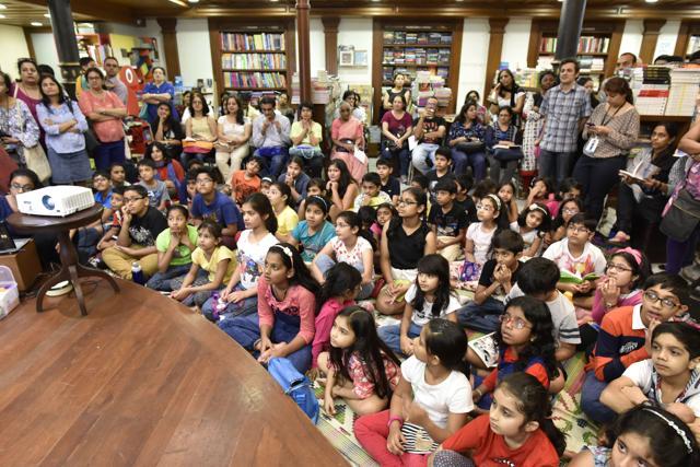 Children learn from Candian animation artist Torill Kove at Animation 101 workshop on Saturday. (Anshuman Poyrekar/ HT Photo)