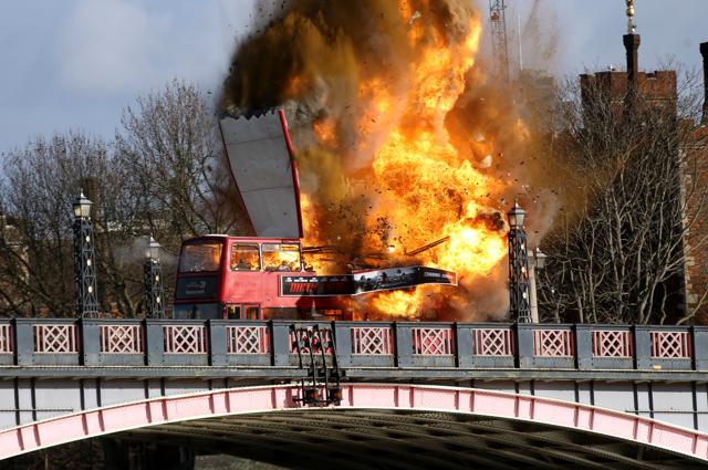 A bus explodes on Lambeth Bridge, during filming for Jackie Chan's new film The Foreigner, in London, Sunday, Feb. 7, 2016. (AP ) A bus explodes on Lambeth Bridge, during filming for Jackie Chan's new film The Foreigner, in London, Sunday, Feb. 7, 2016. (AP )