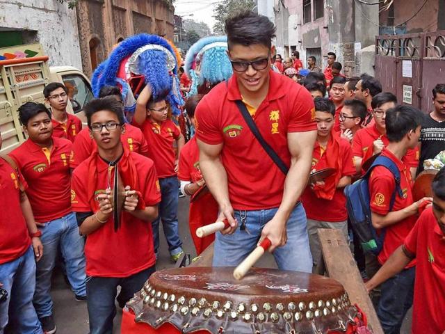 People of Chinese origin in Kolkata celebrate the Lunar New Year on Monday. (PTI) 