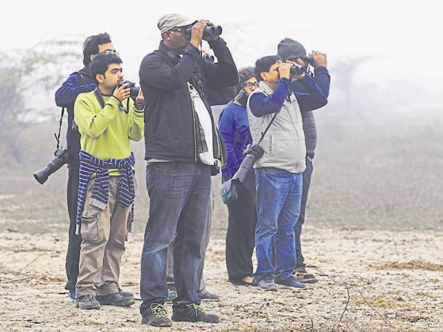 Birders gathered at wetlands and parks in around 100 groups, with binoculars, cameras and bird dictionaries on Big Bird Day. The observations by all groups will be compiled and released on February 8.(Parveen Kumar/HT Photo) Birders gathered at wetlands and parks in around 100 groups, with binoculars, cameras and bird dictionaries on Big Bird Day. The observations by all groups will be compiled and released on February 8.(Parveen Kumar/HT Photo)