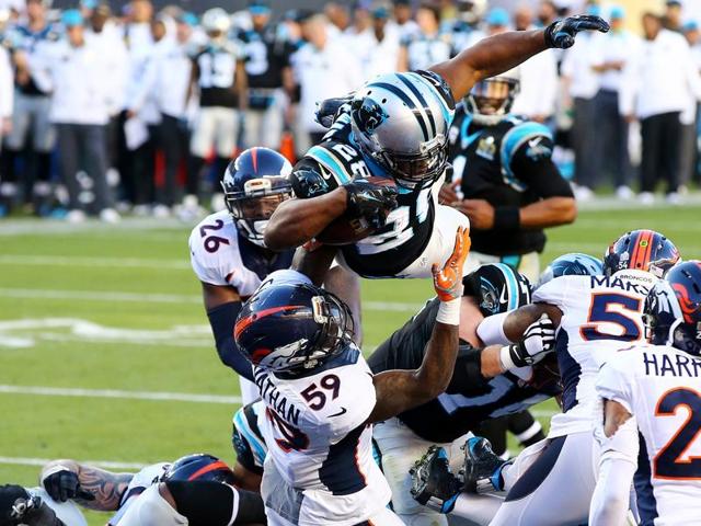 Jonathan Stewart #28 of the Carolina Panthers scores a touchdown against the Denver Broncos. (AFP Photo) 