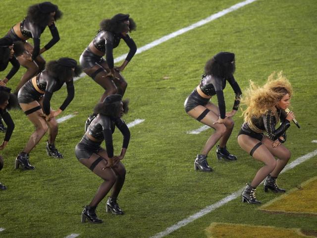 Beyoncé on the field at the halftime show of the NFL Super Bowl 50 football game in Santa Clara, California. (AP)
