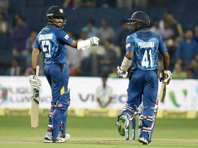Sri Lankan players Milinda Siriwardana, left, and Seekkuge Prasanna celebrate victory against India during the first T20 international at the Maharashtra Cricket Association Stadium in Gahunje, Pune on February 9, 2016. (Kunal Patil/HT Photo) Sri Lankan players Milinda Siriwardana, left, and Seekkuge Prasanna celebrate victory against India during the first T20 international at the Maharashtra Cricket Association Stadium in Gahunje, Pune on February 9, 2016. (Kunal Patil/HT Photo)