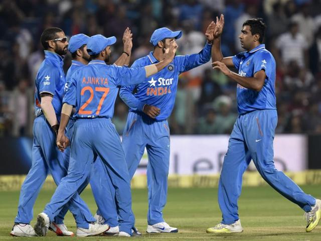 India’s Ravichandran Ashwin, right, celebrates the wicket of Sri Lanka’s Dasun Shanaka with teammates. (Kunal Patil/HT Photo) India’s Ravichandran Ashwin, right, celebrates the wicket of Sri Lanka’s Dasun Shanaka with teammates. (Kunal Patil/HT Photo)