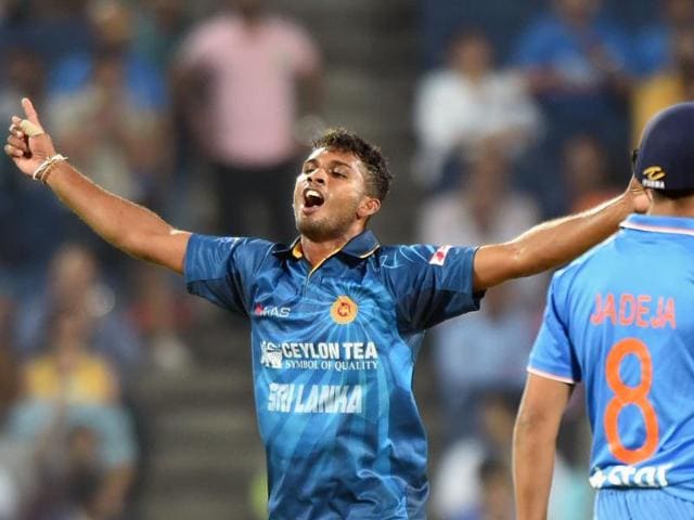Sri Lanka's Dasun Shanaka celebrates after trapping India's Hardik Pandya LBW. (AFP Photo) Sri Lanka's Dasun Shanaka celebrates after trapping India's Hardik Pandya LBW. (AFP Photo)
