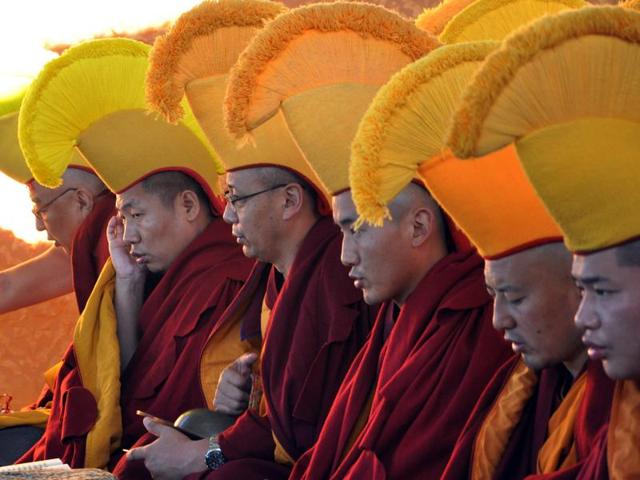 Buddhist monks during a prayer session on the first day of Losar at McLeodganj near Dharamsala on Tuesday. (Shyam sharma/Ht Photo)