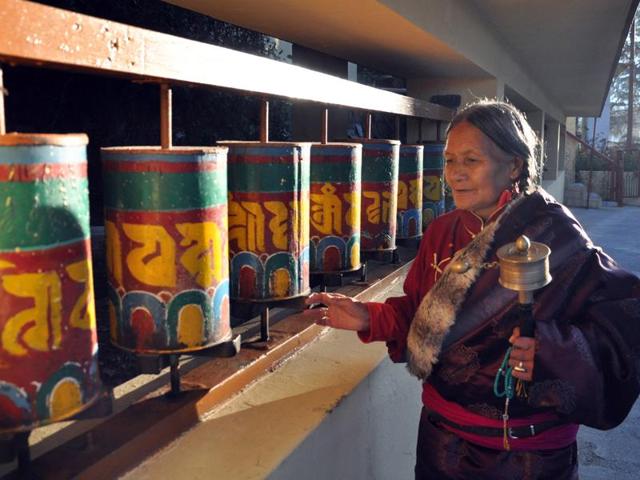 An old lady spins the traditional Buddhist prayer wheel during a prayer session on the first day of Losar (Tibetan New Year) at the Tibetans' main temple of Tsuglagkhang at McLeodganj on Tuesday. (Shyam sharma/Ht Photo)