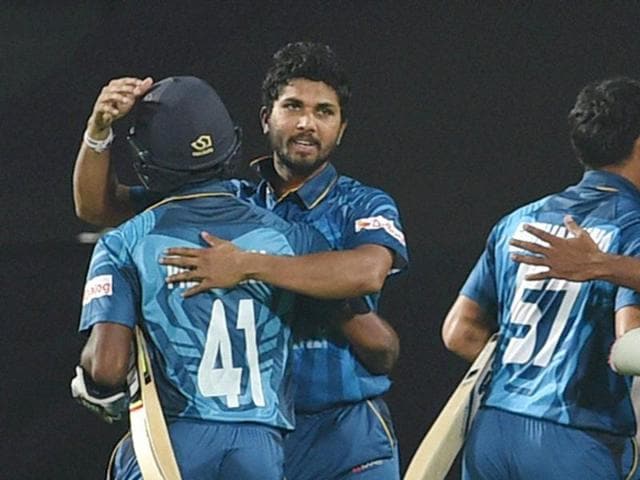 Sri Lankan players celebrate their victory. (PTI Photo) Sri Lankan players celebrate their victory. (PTI Photo)