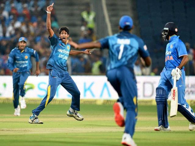 Sri Lanka’s Kasun Rajitha, second from left, celebrates the wicket of India’s Ajinkya Rahane. (PTI Photo) Sri Lanka’s Kasun Rajitha, second from left, celebrates the wicket of India’s Ajinkya Rahane. (PTI Photo)