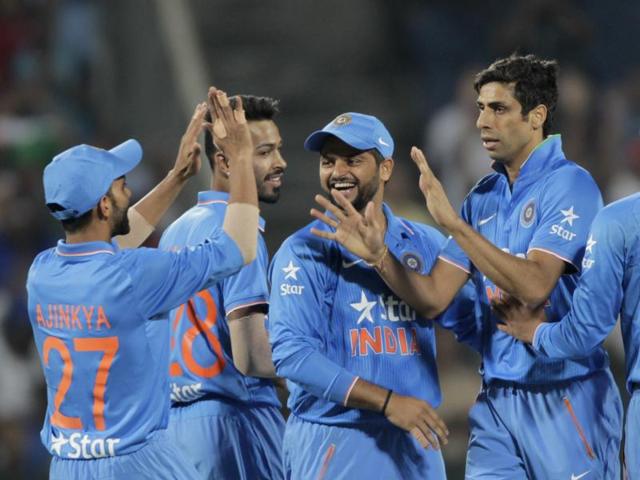 Nehra, right, celebrates a wicket with teammates. (AP Photo) Nehra, right, celebrates a wicket with teammates. (AP Photo)
