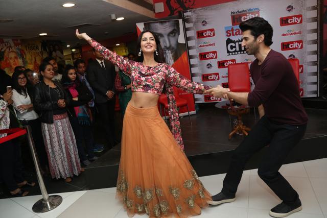 Bollywood actors Katrina Kaif and Aditya Roy Kapoor do an impromptu dance during the promotion of upcoming film Fitoor at HT House on February 03, 2016 in New Delhi. (Raajesh Kashyap/HT Photo)