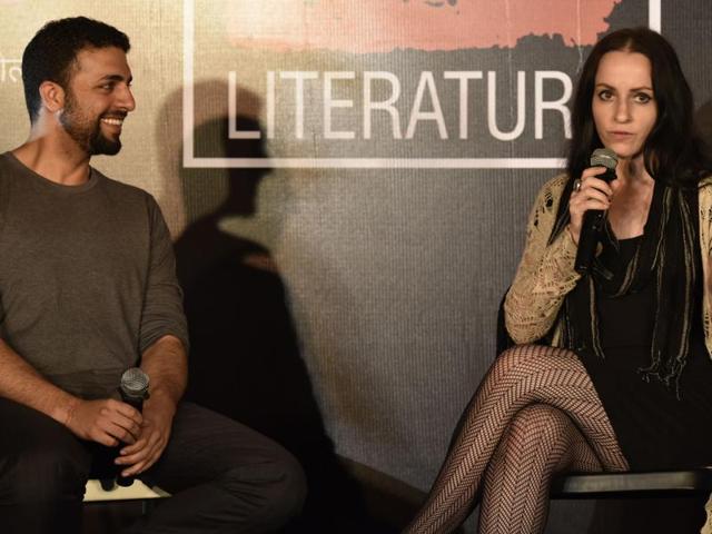 Author and journalist Raghu Karnad with American artist, writer and entrepreneur Molly Crabapple at the event on Tuesday.(Satish Bate/HT)