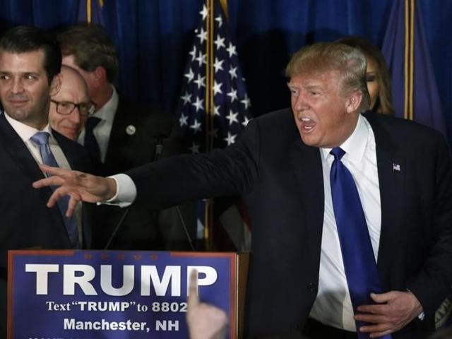 Republican US presidential candidate Donald Trump reacts at his 2016 New Hampshire presidential primary night rally in Manchester. (Reuters) Republican US presidential candidate Donald Trump reacts at his 2016 New Hampshire presidential primary night rally in Manchester. (Reuters)