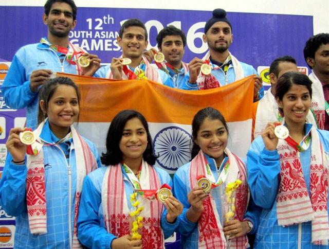 Women Squash team India clinched gold in the team championship event during the South Asian Games. (PTI Photo) Women Squash team India clinched gold in the team championship event during the South Asian Games. (PTI Photo)