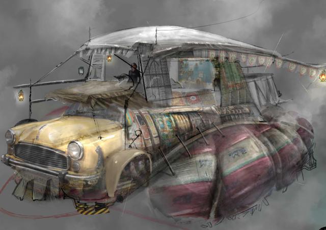 Jaadi, a space cruiser from Tikle’s futuristic Mumbai, is a modified Ambassador car. (Illustration courtesy: Kushal Tikle)