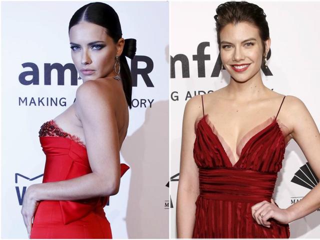 Supermodel Adriana Lima and The Walking Dead star Lauren Cohan are twinning at the red carpet of the amfAR rally in New York. (AFP) Supermodel Adriana Lima and The Walking Dead star Lauren Cohan are twinning at the red carpet of the amfAR rally in New York. (AFP)
