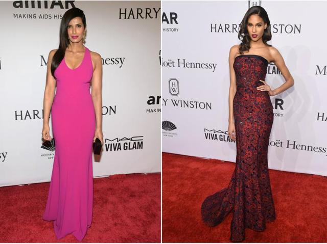 Models Padma Lakshmi and Cindy Bruna grace the red carpet for the amfAR rally in elegant gowns. (AFP/) Models Padma Lakshmi and Cindy Bruna grace the red carpet for the amfAR rally in elegant gowns. (AFP/)