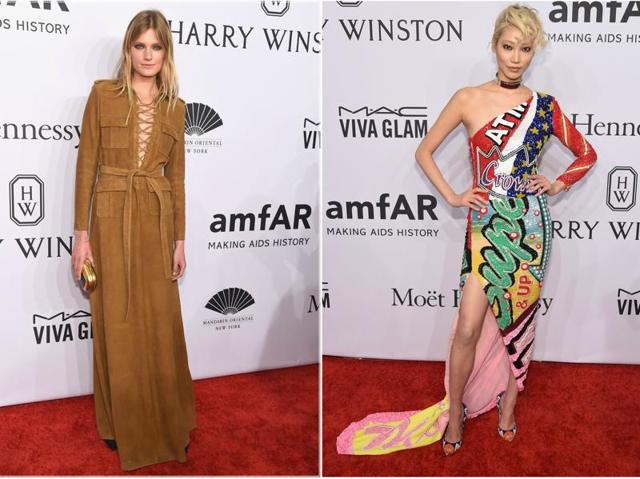 Models Constance Jablonski and Soo Joo Park are visions in contrasting outfits at the amfAR red carpet in New York. (AFP) Models Constance Jablonski and Soo Joo Park are visions in contrasting outfits at the amfAR red carpet in New York. (AFP)