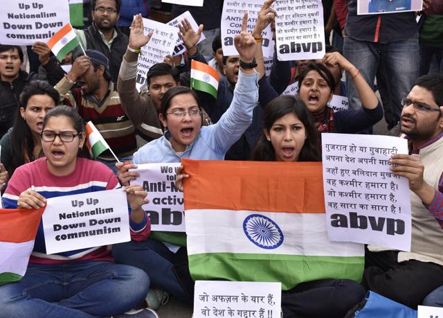 Students of ABVP protest against communism at JNU Campus, in New Delhi, India on Thursday, February 11, 2016.(Sanjeev Verma / HT Photo) Students of ABVP protest against communism at JNU Campus, in New Delhi, India on Thursday, February 11, 2016.(Sanjeev Verma / HT Photo)