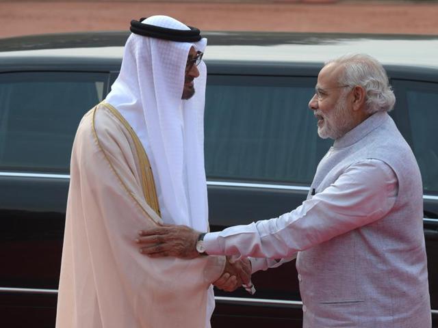 Earlier on Thursday, the crown prince, who arrived here on Wednesday on a three-day visit to India, was accorded a ceremonial welcome at the forecourt of the Rashtrapati Bhavan. (AFP) Earlier on Thursday, the crown prince, who arrived here on Wednesday on a three-day visit to India, was accorded a ceremonial welcome at the forecourt of the Rashtrapati Bhavan. (AFP)