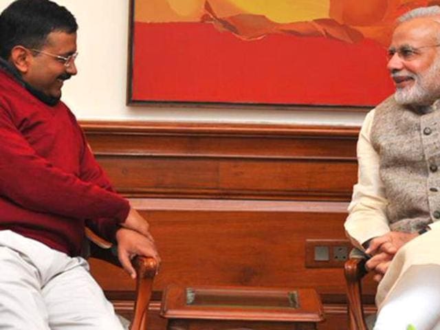 Prime Minister Narendra Modi greets Delhi chief minister Arvind Kejriwal during an official function in New Delhi last year. (Virendra Singh Gosain/ Hindustan Times) Prime Minister Narendra Modi greets Delhi chief minister Arvind Kejriwal during an official function in New Delhi last year. (Virendra Singh Gosain/ Hindustan Times)